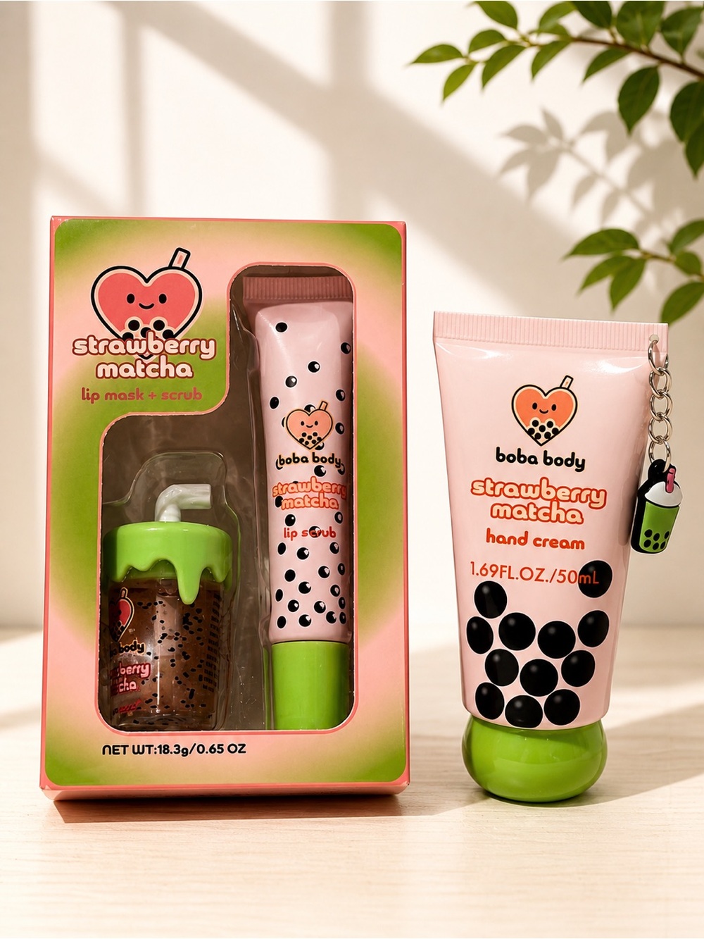 Strawberry Matcha Boba Tea Beauty Bundle Lip Care + Hand Cream Gift